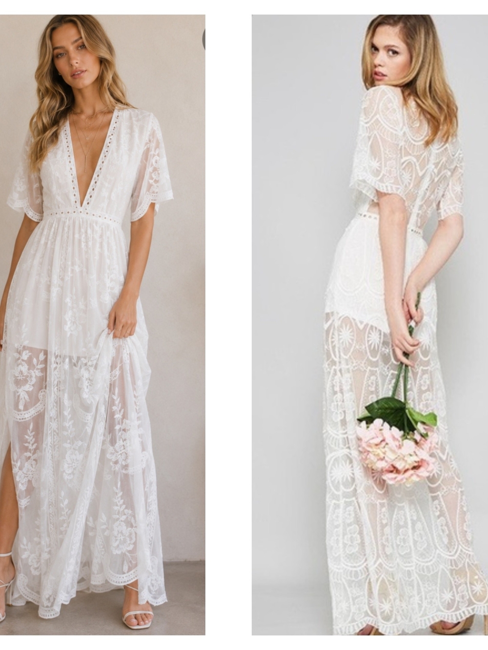 Promesa White Lace Maxi Dress with Sheer Embroidery